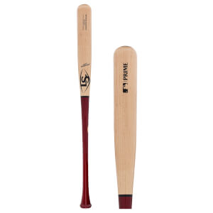 Side views of a natural wood and dark red baseball bat with an LS logo, PRIME text, and MLB logo.