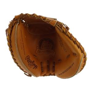 Top-down view of a tan Rawlings Pro Preferred catchers mitt with PROSCM33RT and For the PROFESSIONAL player text.