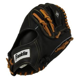 Side view of a black baseball glove with tan lacing and a white Franklin logo.