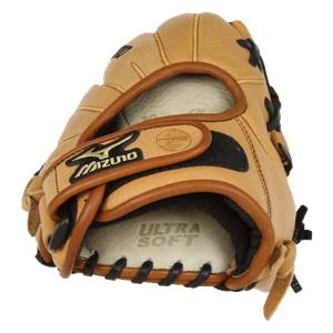 Top-down view of a tan fastpitch glove with Mizuno logo and ULTRA SOFT text.