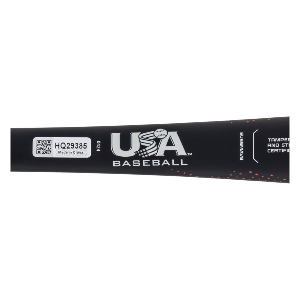 Side view of a black baseball bat with USA Baseball logo and certification text.