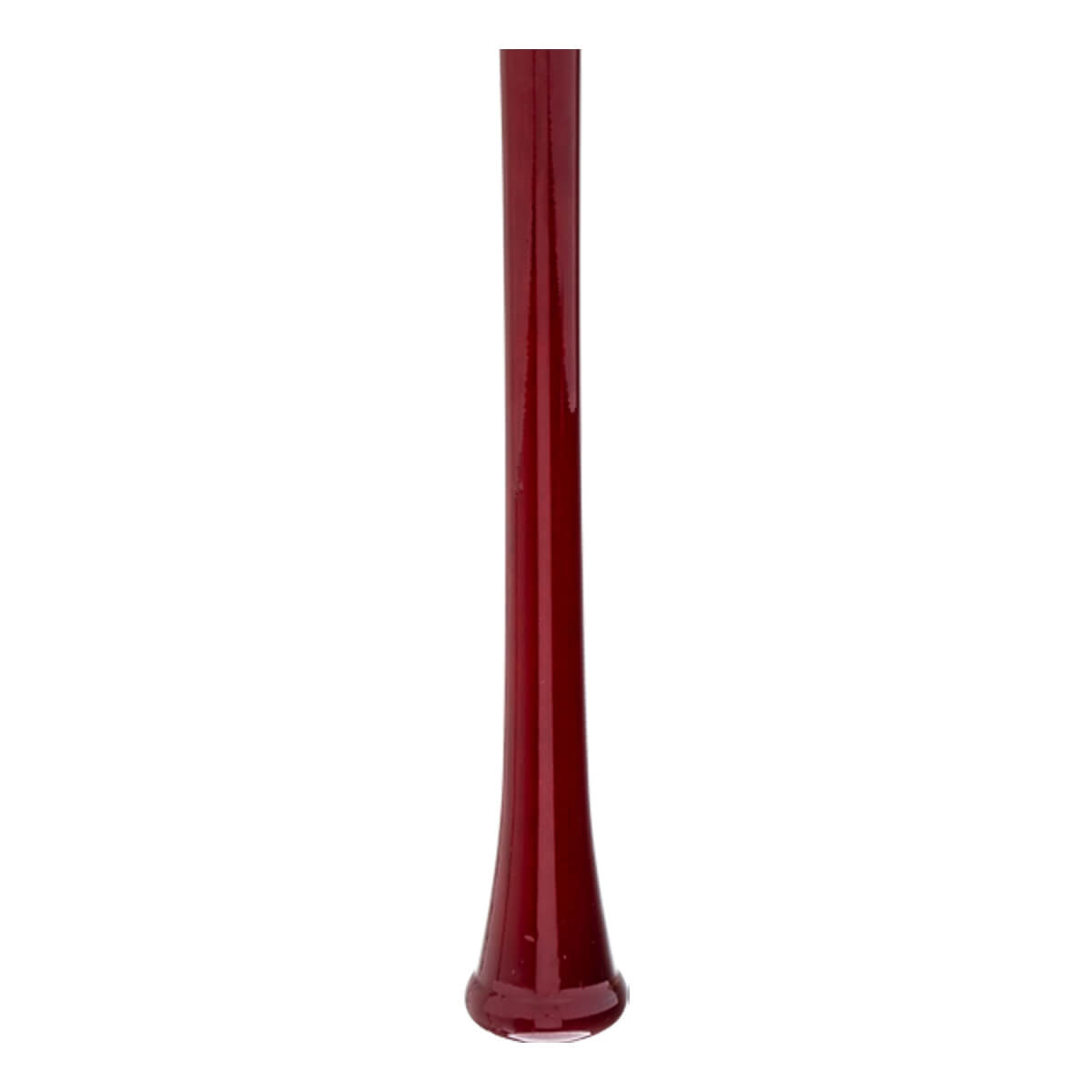 Close-up of the red baseball bats glossy, tapered handle and rounded knob.