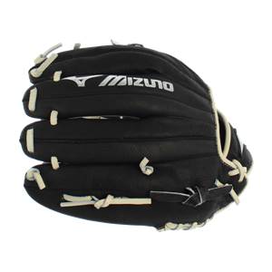 Front view of a black baseball glove with white Mizuno branding and lacing.