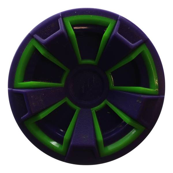 Top-down view of a purple and green softball bat end cap with a starburst pattern.