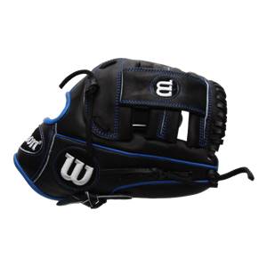 Side view of a black baseball glove with blue stitching and white Wilson logos.