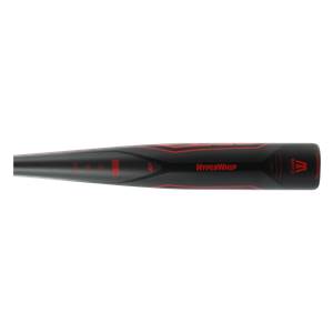 Side view of a black baseball bat with red accents and HyperWhip text.