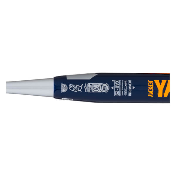 Side view of a navy DeMarini softball bat with JEREMY and XAU-25 visible.