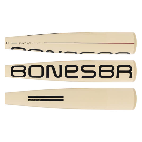 Composite view of a cream baseball bat with black BONESBR and WARSTIC text, a signature, and accent lines.