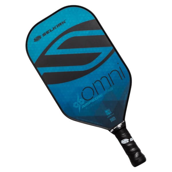 Top-down view of a blue and black pickleball paddle with Selkirk and Omni branding.