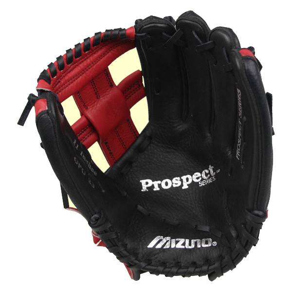 Front view of a black and red youth baseball glove with Prospect Series and Mizuno logos.