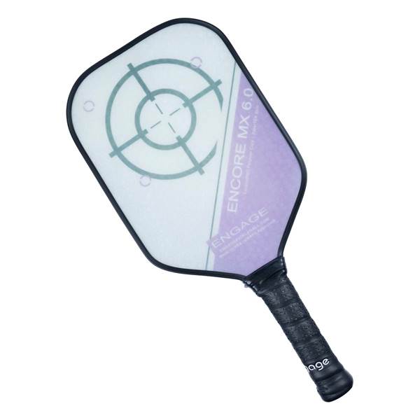 Top-down view of a white and purple pickleball paddle with a target design and ENGAGE branding.