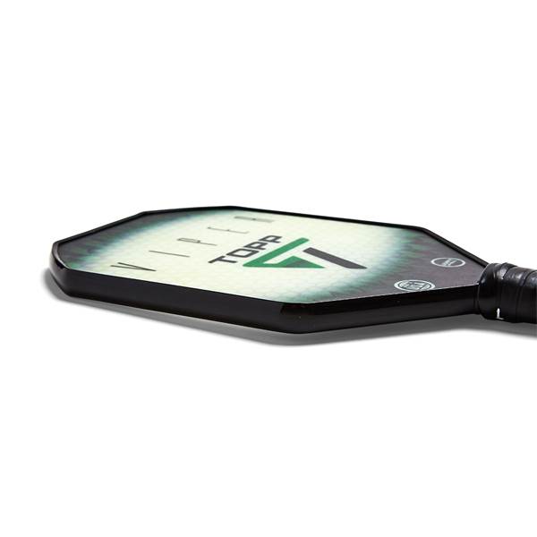 Side view of a black pickleball paddle with the TOPP logo and green accents.