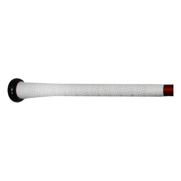 Side view of a white baseball bat grip with black end cap and red accents.