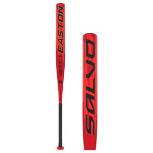 Side view of a red Easton softball bat with black EASTON and SALVO text and a black grip.