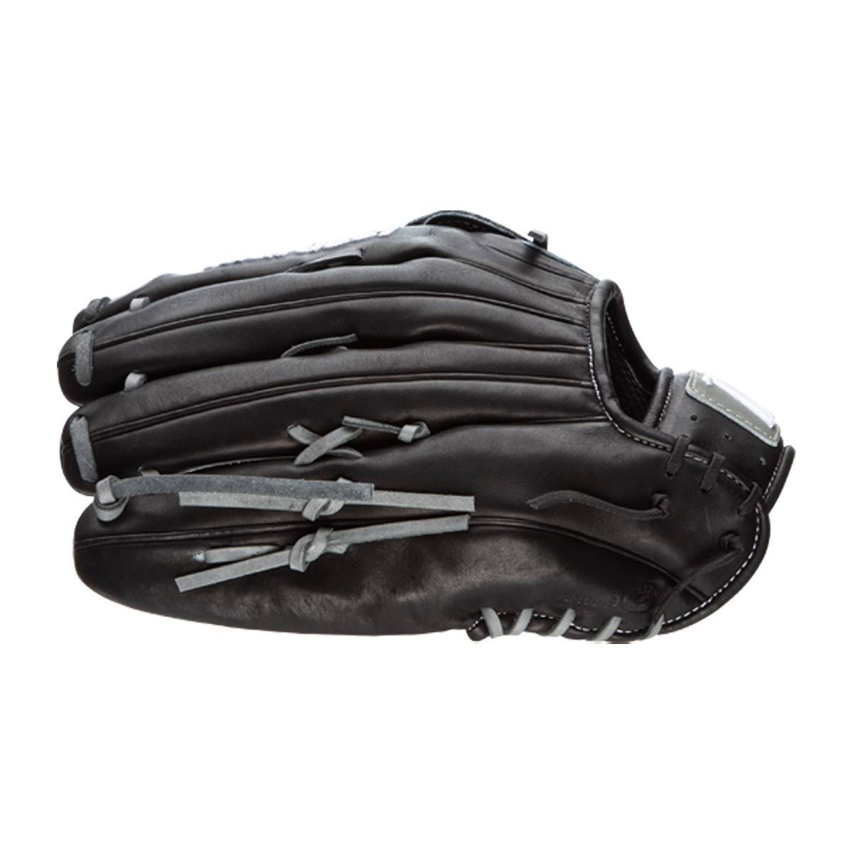 Side view of a black baseball glove with grey lacing and a silver accent on the wrist strap.
