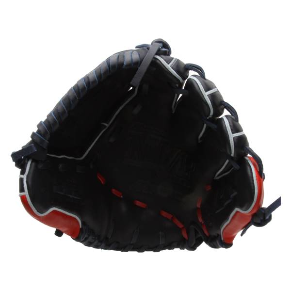 Top-down view of a black baseball glove with red accents and white lacing.