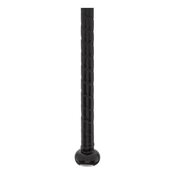 Close-up of a black baseball bat grip with a textured spiral pattern and a rounded knob.