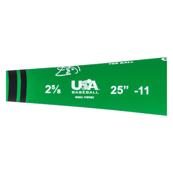 Side view of a green tee ball bat with USA BASEBALL logo and 25 -11 markings.