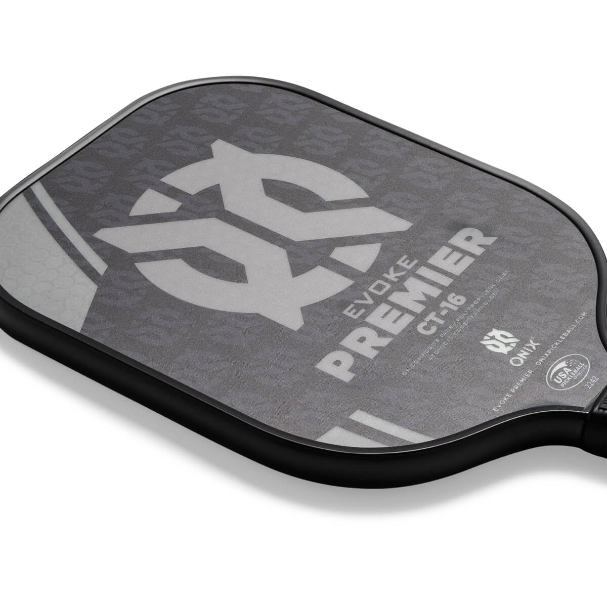 Corner view of a black pickleball paddle with EVOKE PREMIER CT-16 text and a large grey logo.