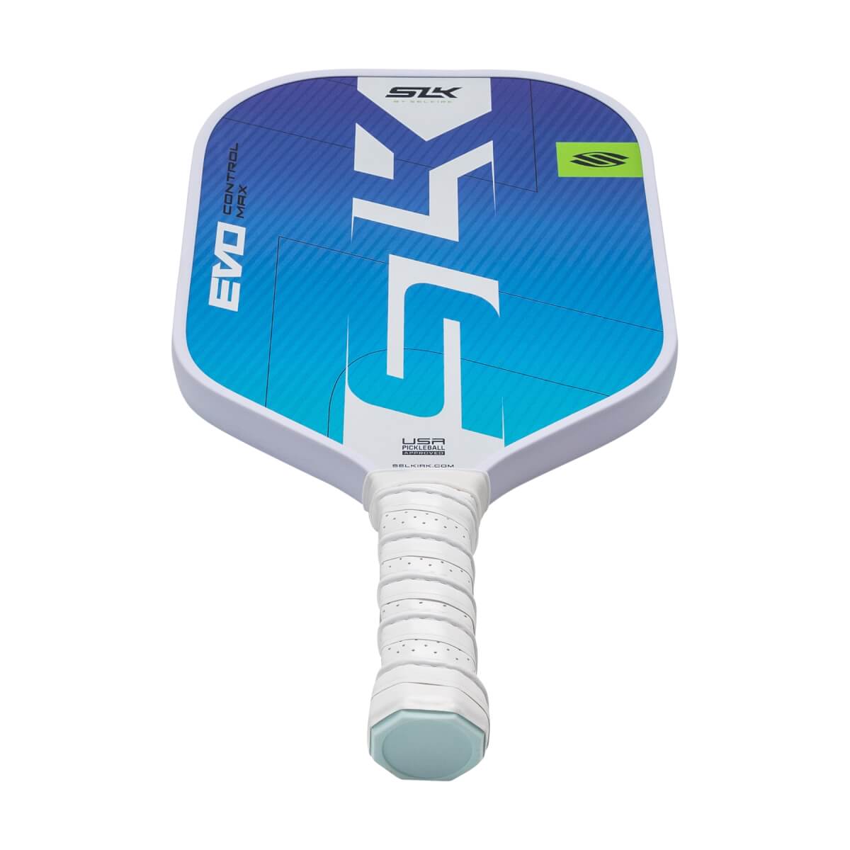 Top-down view of a white pickleball paddle with blue gradient graphics, large white SLK logo, and white grip.