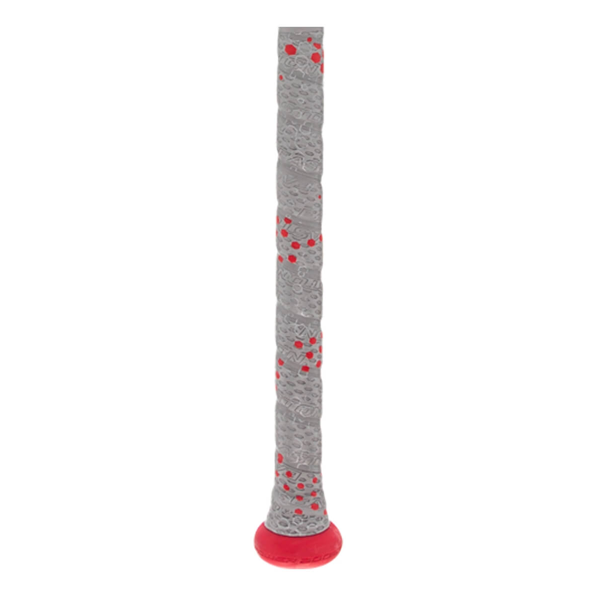 Close-up of a gray baseball bat grip with red speckles and a red knob.