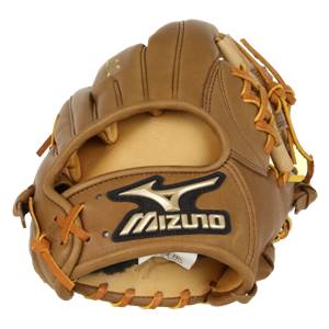 Front view of a tan Mizuno baseball glove with a black and gold logo and tan lacing.