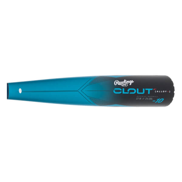 Top-down view of a blue and black baseball bat with Rawlings CLOUT and -10 branding.