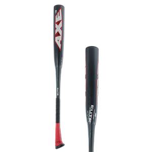 Side view of a black baseball bat with red grip and AXE ELITE branding.