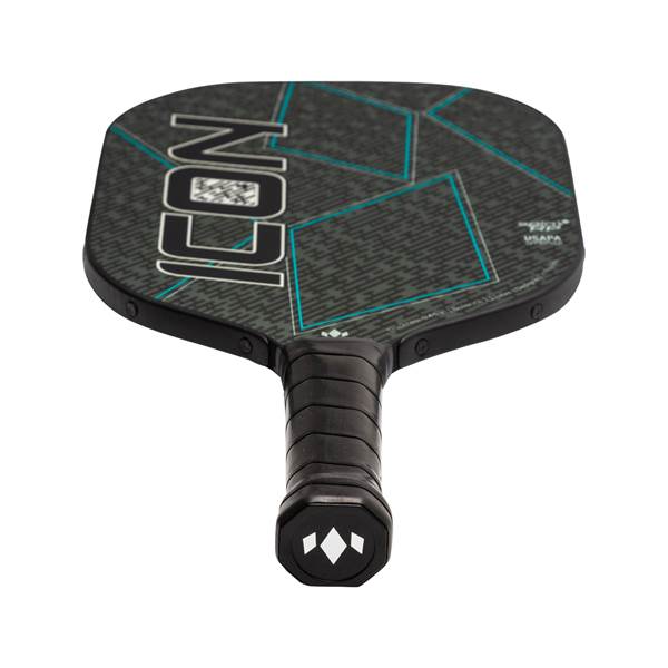 Top-down view of a black pickleball paddle with ICON branding and a geometric pattern.