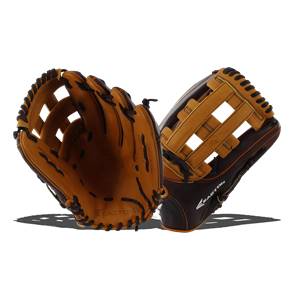 Front view of a brown baseball glove with black lacing and Easton branding.