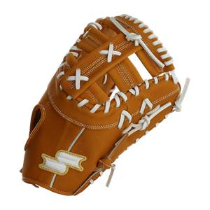 Top-down view of a tan baseball glove with white lacing and a double ribbon logo.