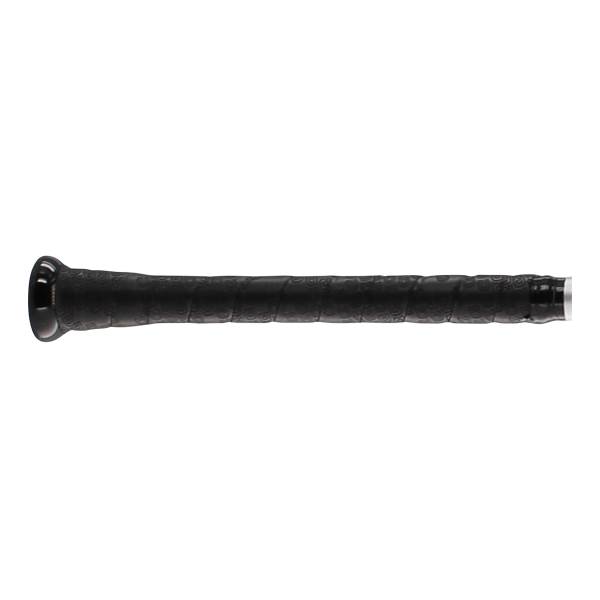 Side view of a black baseball bat with a textured grip and silver end cap.