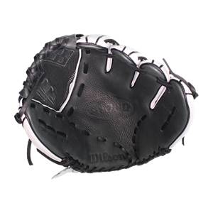 Top-down view of a black and white Wilson softball glove with white stitching and a textured palm.