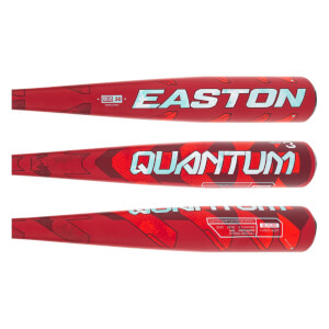 Top-down view of a red Easton Quantum baseball bat with light blue lettering and a 50-degree logo.