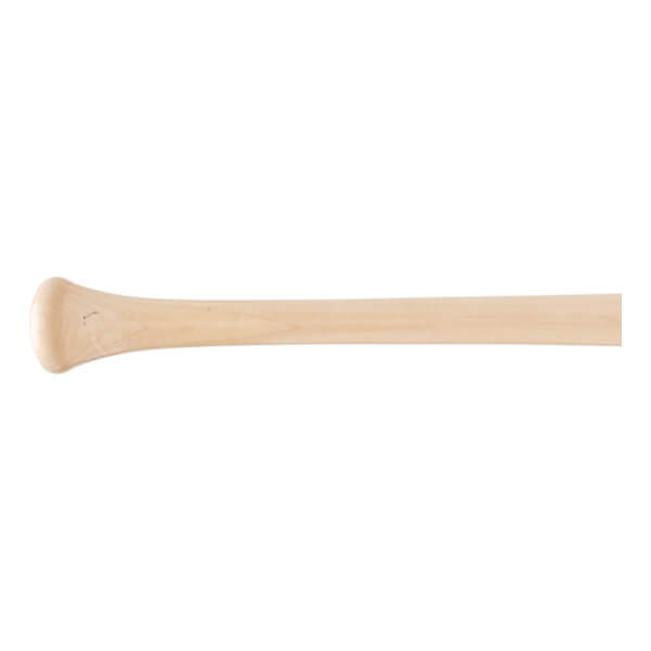 Side view of a natural wood baseball bat with a rounded knob and smooth barrel.