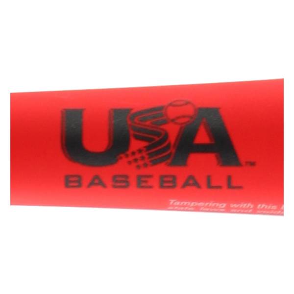 Close-up of a red baseball bat with black USA Baseball logo and text.