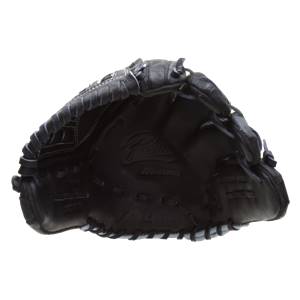 Top-down view of a black Mizuno softball glove with white stitching and a debossed logo.