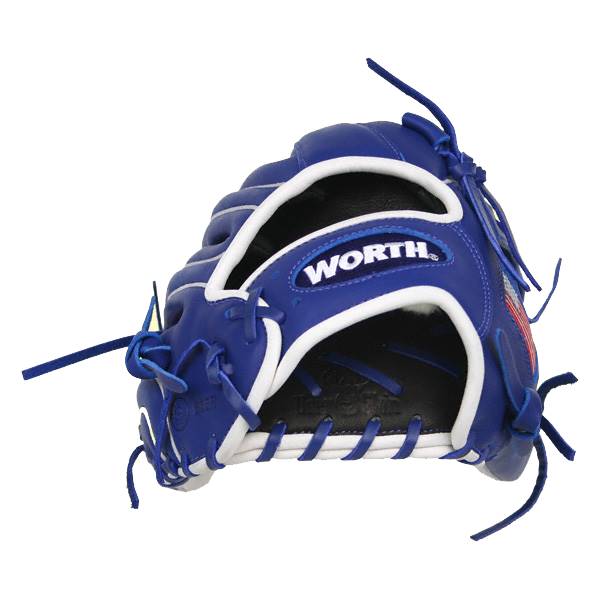 Front view of a royal blue baseball glove with white lacing and WORTH logo.