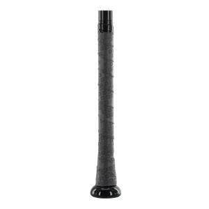 Close-up of a black baseball bat grip with a repeating circular pattern and a black end cap.