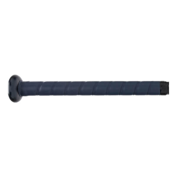 Side view of a dark blue fastpitch softball bat with a black knob and textured grip.