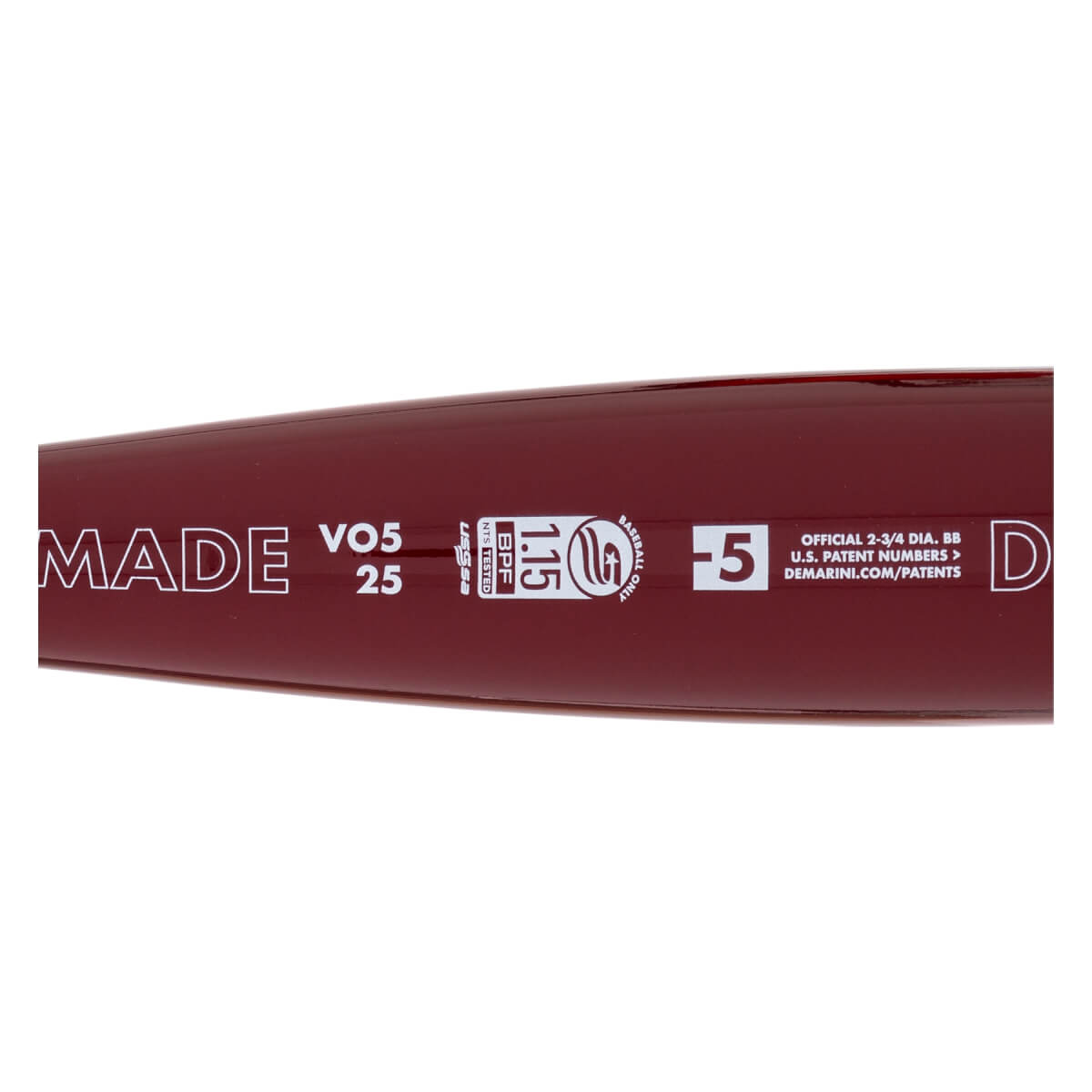 Close-up of the maroon barrel displaying white text such as "MADE", "VO5 25", a USSSA 1.15 BPF stamp, and the "-5" weight drop ratio.