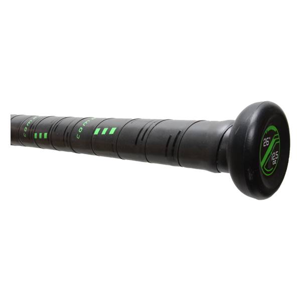 Close-up of a black tee ball bat grip with green com text and 26 / 12.5 oz markings.