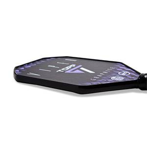 Side view of a black pickleball paddle with purple geometric accents, TOPP logo, and GRAPHITE text.