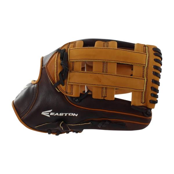 Side view of a brown baseball glove with tan webbing and EASTON logo.