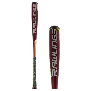 Side view of a maroon baseball bat with a black grip and Rawlings branding.