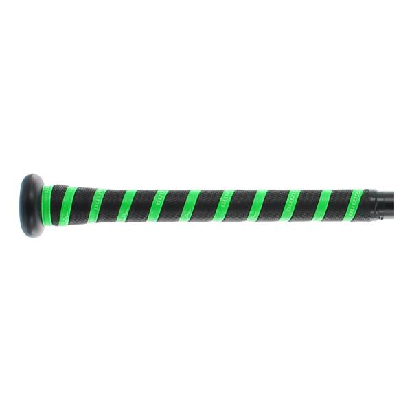 Side view of a black baseball bat with green grip tape and visible Mizuno branding.