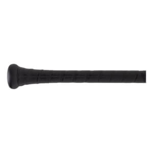 Side view of a black baseball bat handle with a textured, spirally wrapped grip tape and a rounded knob.