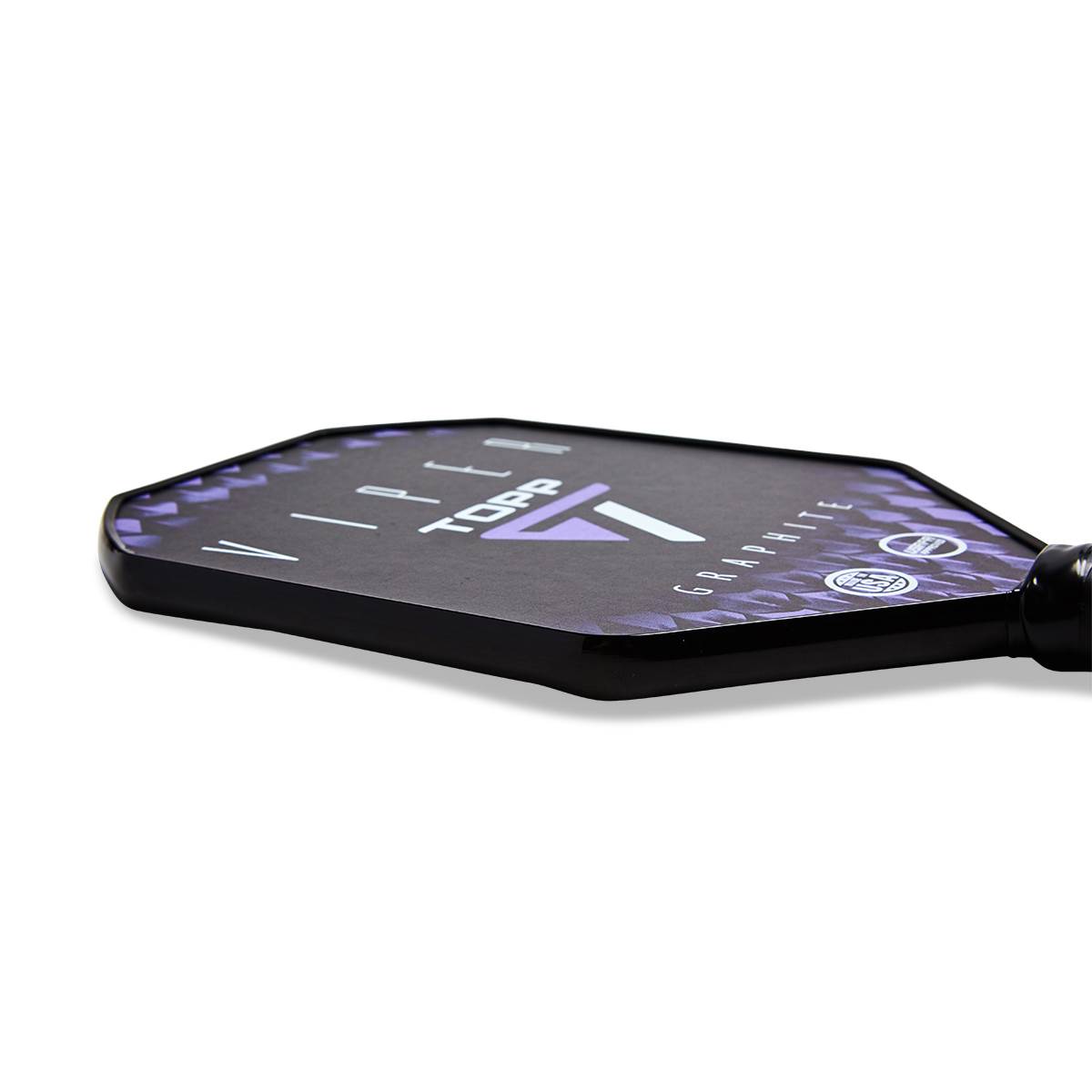 Side view of a black pickleball paddle with purple geometric accents, TOPP logo, and GRAPHITE text.