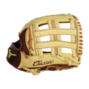 Side view of a tan and brown baseball glove with a tan web and Classic script.