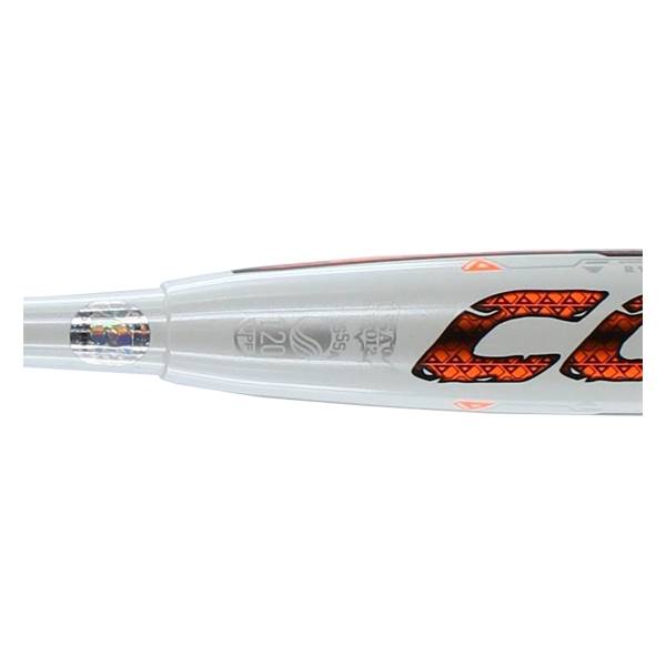 Side view of a white slow pitch softball bat with orange CA logo and 20 stamp.